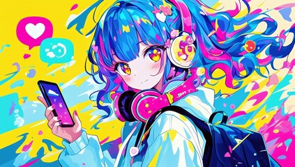 Vibrant anime girl with colorful hair and headphones, holding smartphone against a bright, abstract background of colors and shapes in a digital art style