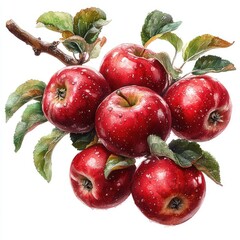 A vibrant cluster of freshly picked red apples resting on a branch, showcasing lush green leaves and droplets