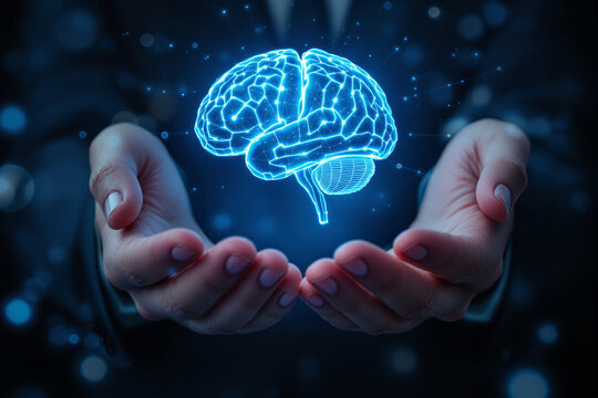 A glowing blue brain hologram supported by human hands on a dark blurred background. Depicts advanced technology and innovation concepts. Ai generative
