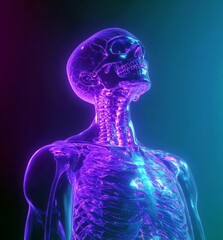 Anatomical Skeleton Model with Neon Glow in Purple and Blue Lighting, Displaying Detailed Bone Structure and Human Anatomy for Educational Purposes
