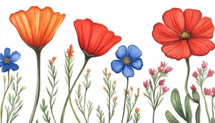 Vibrant illustration of various wildflowers in bright colors, showcasing nature's beauty in a serene setting