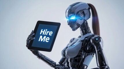 Fototapeta premium A sleek female robot confidently hold a Hire Me tablet, with glow text, isolated on white