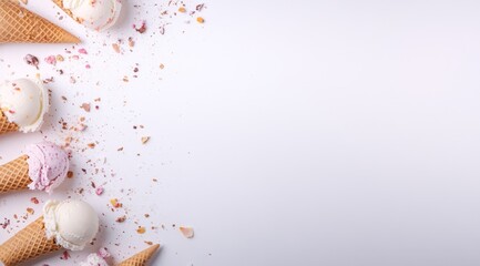 Ice cream cones with sprinkles on white background.