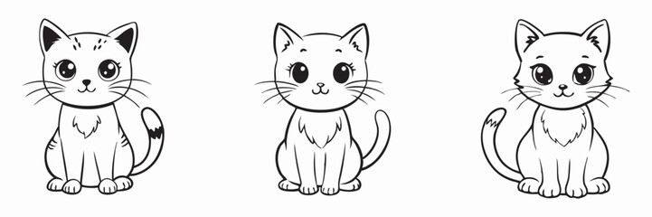 Three cute cats in cartoon style with big eyes and simple outlines.Set of vector line illustrations for children's coloring books and other projects