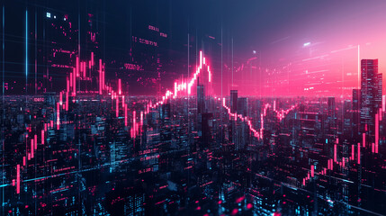 Futuristic Cityscape with Dynamic Stock Market Data Overlay