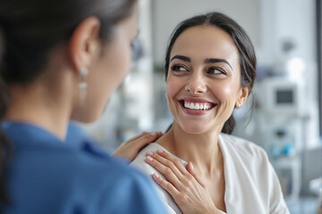 Smiling professional woman receiving a supportive gesture from a colleague in a healthcare environment, showcasing teamwork and compassion. Ai generative