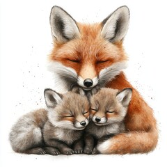 Naklejka premium A serene illustration of a mother fox cuddling her two adorable sleeping kits in a peaceful setting