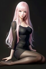 Fototapeta premium Elegant anime-style character with long pink hair and black dress posing gracefully against a dark backdrop, featuring expressive eyes and captivating aura.