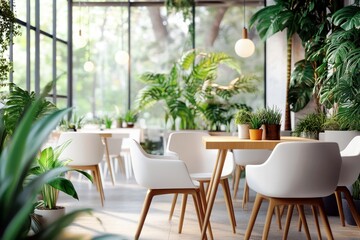 Modern indoor cafe with bright natural light and greenery accents, featuring elegant furniture and vibrant plants for a cozy atmosphere