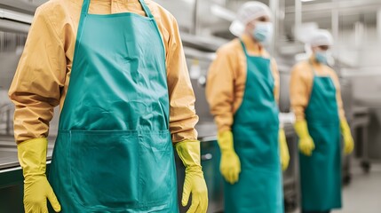 Workers in protective gear stand in a kitchen environment, demonstrating safety and hygiene practices in food preparation.