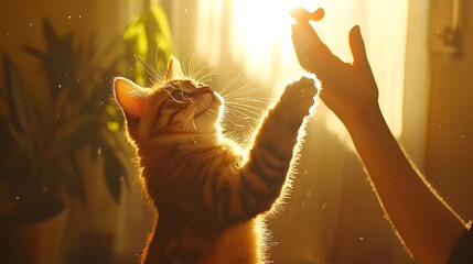 Golden Hour Kitten Plays with Human Hand Cute Pet Adorable Cat