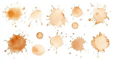 Watercolor coffee stain clipart, white background, splatters of brown color