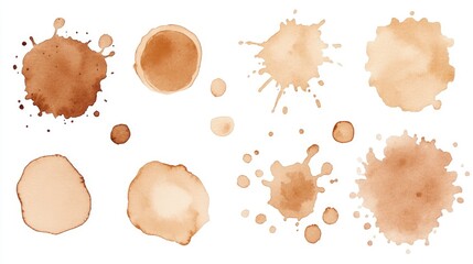 Watercolor coffee stain clipart, white background, splatters of brown color