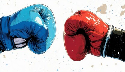 Colorful boxing gloves in blue and red clashing in a dramatic handshake, symbolizing competition, sport, and intense rivalry during an energetic fight scene
