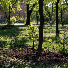 Fototapeta premium Young Sapling Emerging in Urban Park Setting