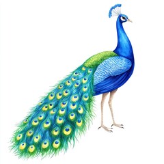 A blue and green peacock with its head held high