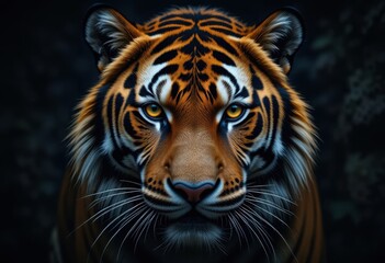 Detailed portrait of a tiger with striking orange and black stripes on a dark background