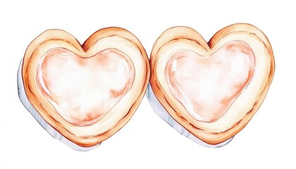 Two heart-shaped pastries with a glossy icing on a white background, ideal for dessert menus or romantic occasions