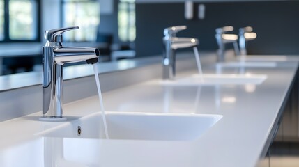 A sleek, modern sink with chrome faucets pouring water into a white basin, set against a minimalist background of large windows.
