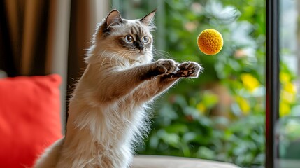 Playful Ragdoll Cat Catching Yellow Ball Indoor