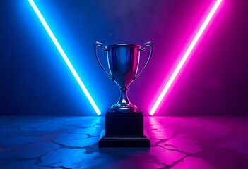 Futuristic neon-lit trophy cup takes center stage with dynamic lighting in an e-sports arena, symbolizing victory, achievement, and competitive excellence 