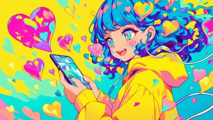 Young woman with curly blue hair using smartphone bright colors