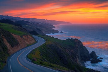 Fototapeta premium Coastal road descending toward the Atlantic, surrounded by cliffs and rolling green terrain, with a vibrant orange and pink sunset casting soft shadows and reflecting on the ocean waves below.