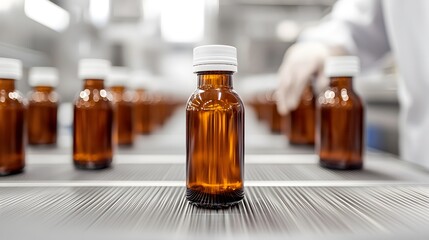 A clear view of amber bottles on a production line, indicating a pharmaceutical or beverage manufacturing environment.