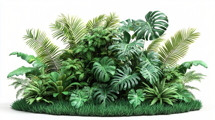 Lush tropical plants in a group for decorating a scene, isolated on a white backdrop