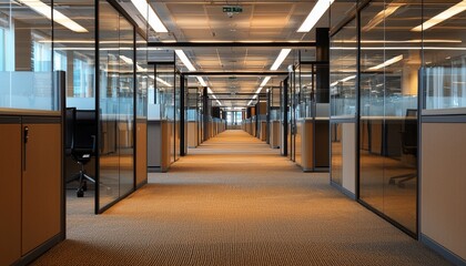 contemporary office space showcasing long rows of cubicles with transparent glass partitions, complemented by a soft carpeted floor that enhances the modern aesthetic