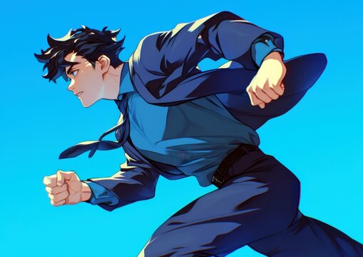 Dynamic young businessperson in motion with stylish suit against vivid blue sky background representing ambition and determination in professional success
