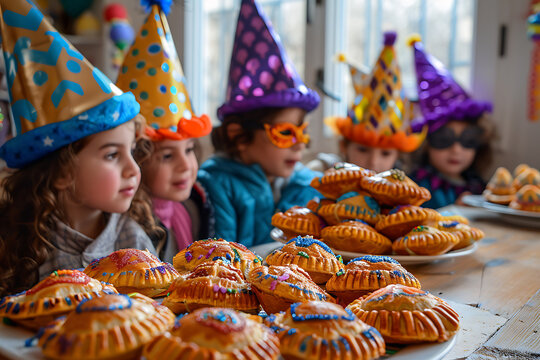 purim celebration, colorful masks and haman hats strewn around the playroom, a platter of diverse hamantaschen, and upbeat music set the tone for this vibrant purim celebration