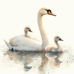 Obraz premium A serene scene of a swan and its two cygnets gracefully swimming on calm waters, reflecting a peaceful environment