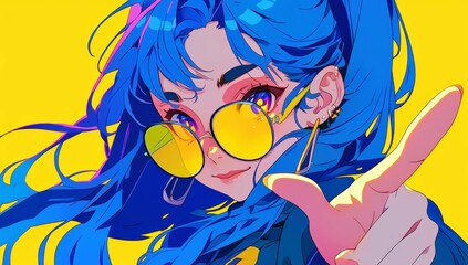 Naklejka premium Vibrant Blue-Haired Girl with Sunglasses Pointing Playfully in Colorful Fashion Illustration on Bold Yellow Background