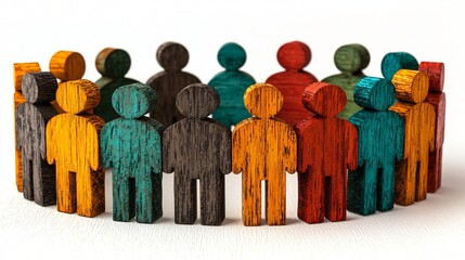 Wooden figures in a circle on white surface, representing unity and teamwork