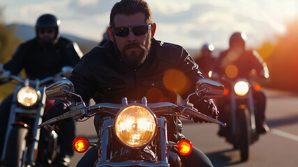 A group of motorcyclists riding down an open road
