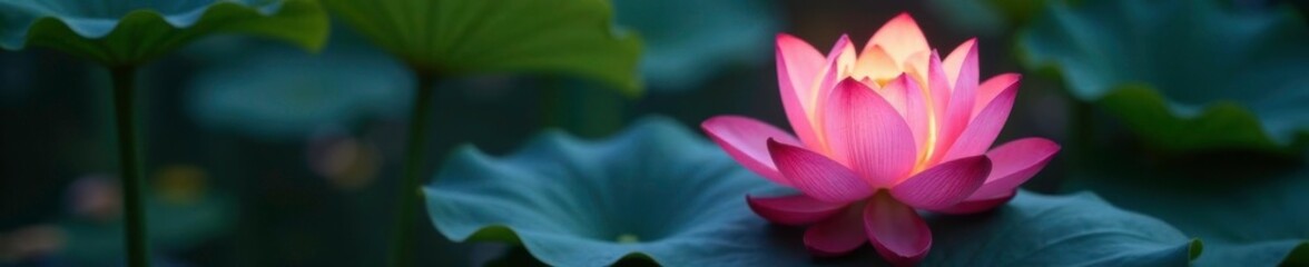 Fototapeta premium Delicate pink petals unfolding around a glowing lantern, lotus flowers, lotus
