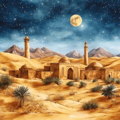 Serene desert landscape featuring ancient architecture under a starry night sky with a full moon