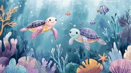 Undersea Adventure: Two Adorable Sea Turtles Exploring Vibrant Coral Reef