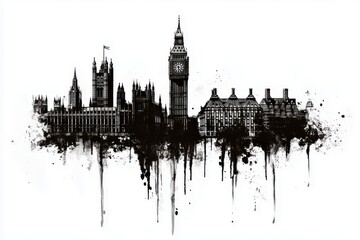 Obraz premium Urban silhouette of iconic London landmarks featuring Big Ben, Houses of Parliament, and a dramatic ink splash effect against a white background