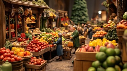 Fototapeta premium A Miniature Farmer's Market: A Detailed Diorama of a Bustling Marketplace Filled with Fresh Produce and Miniature Figures