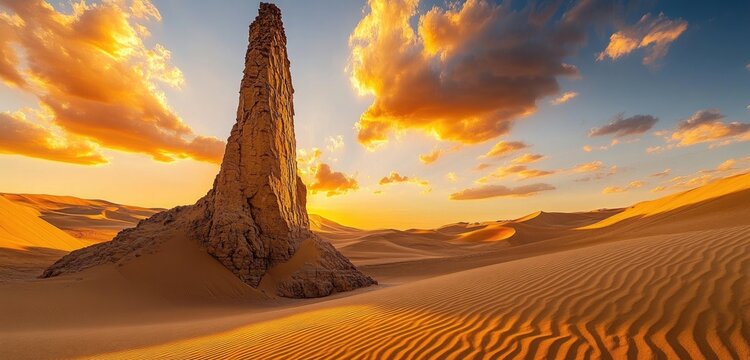 Dramatic sandstone spire standing alone in a vast desert, surrounded by rolling sand dunes under a vivid sunset with glowing clouds in the sky.