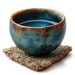 A beautifully crafted ceramic bowl filled with water resting on a textured mat, showcasing vibrant colors
