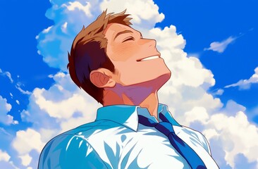 Happy Young Man in Business Attire Smiling Contently Under Clear Blue Sky with White Clouds, Emphasizing Joy and Optimism in a Professional Setting