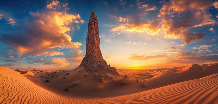 Dramatic sandstone spire standing alone in a vast desert, surrounded by rolling sand dunes under a vivid sunset with glowing clouds in the sky.