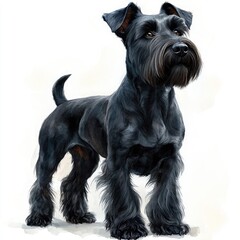 A majestic black Schnauzer standing proudly with a glossy coat, showcasing its alert demeanor and playful spirit