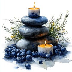 Tranquil arrangement of stacked stones and candles surrounded by blueberries and greenery, evoking calmness