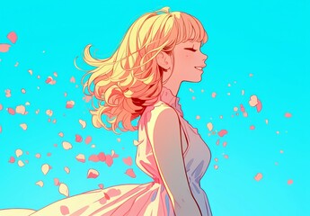 Serene Young Woman With Flowing Hair Smiling Against Bright Blue Sky Surrounded By Delicate Flower Petals Floating In The Air