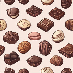 A seamless pattern illustration of various delicious chocolates