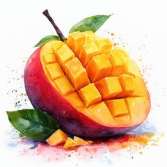 Vibrant and juicy mango half with cubes, surrounded by green leaves and colorful splashes in the background